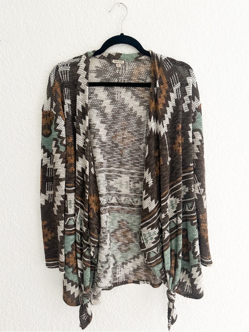 Eyeshadow Aztec Open-Front Cardigan in Brown, Cream & Green